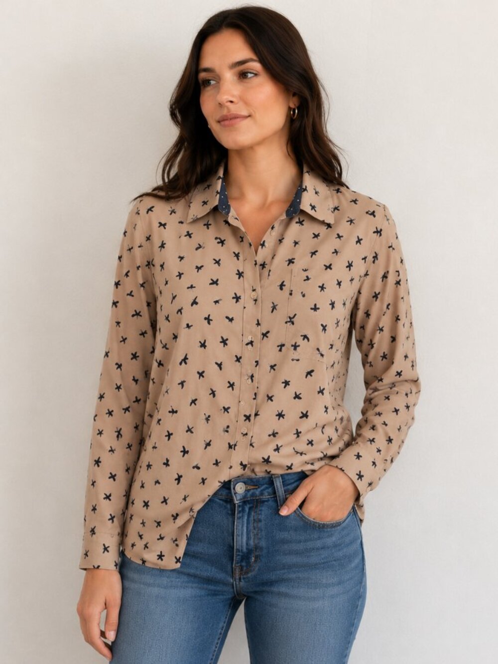 Macy's Bird Print Button-Up Shirt Tan And Navy Size L